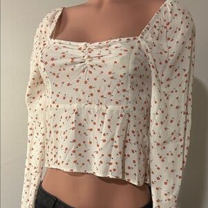 Free People Julia Sweetheart Top Ivory Cherry Print Women's Long Sleeve Size S